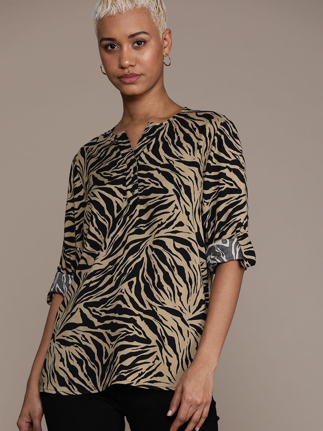 roadster animal print roll-up sleeves shirt style top