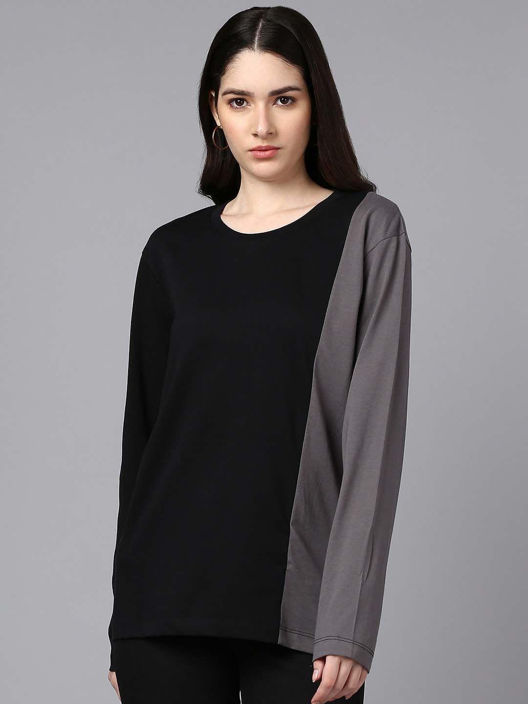 roadster black & grey colourblocked round neck drop-shoulder cotton regular t-shirt