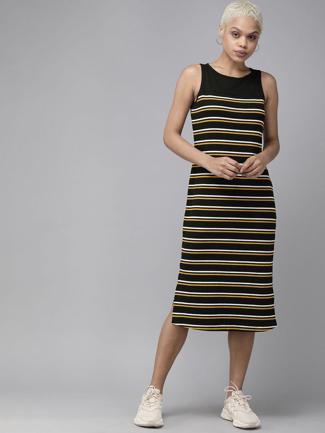 roadster black & yellow striped sheath midi dress with side slits