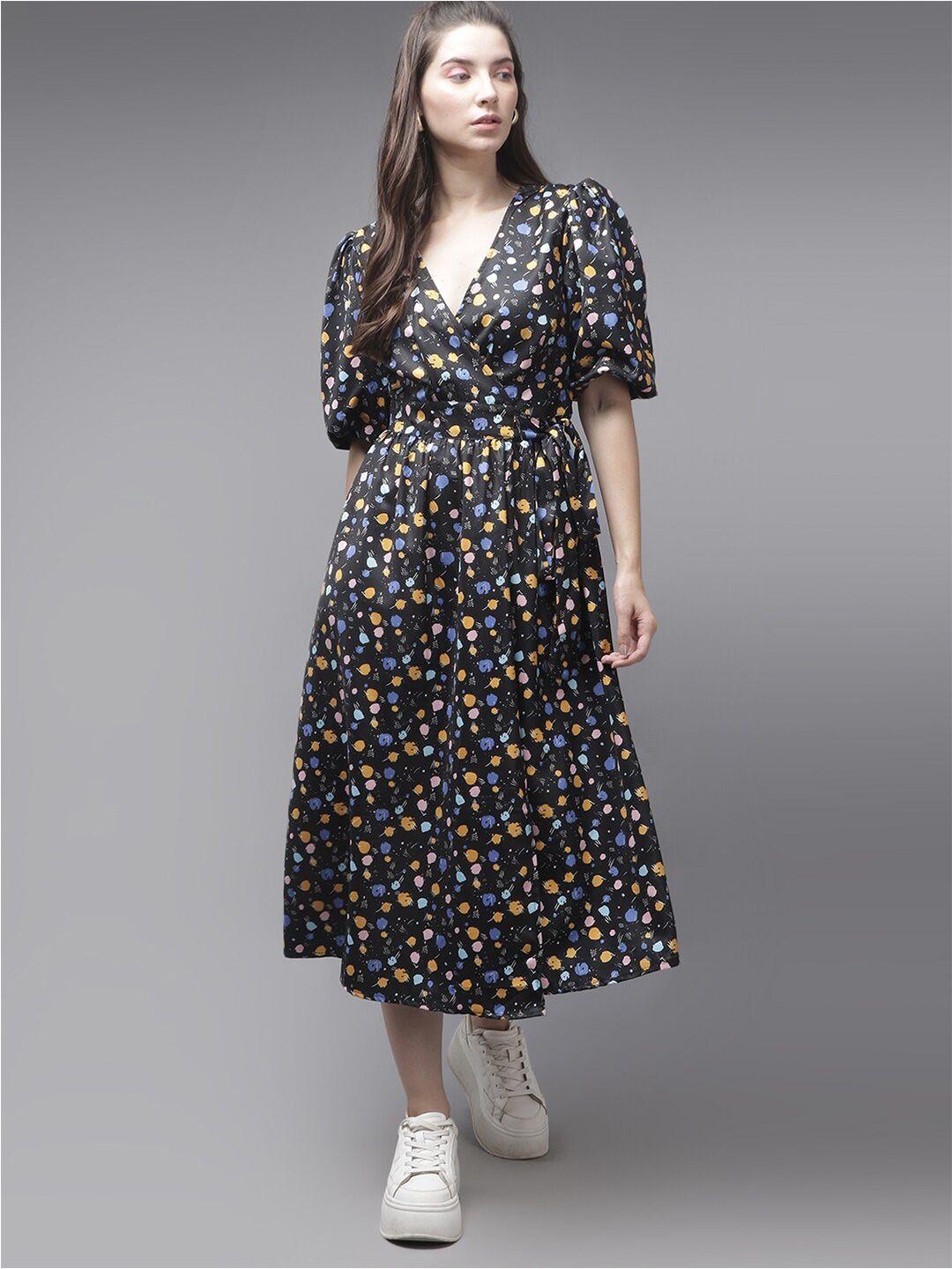 roadster black conversational printed v-neck puff sleeve fit and flare tie-up midi dress