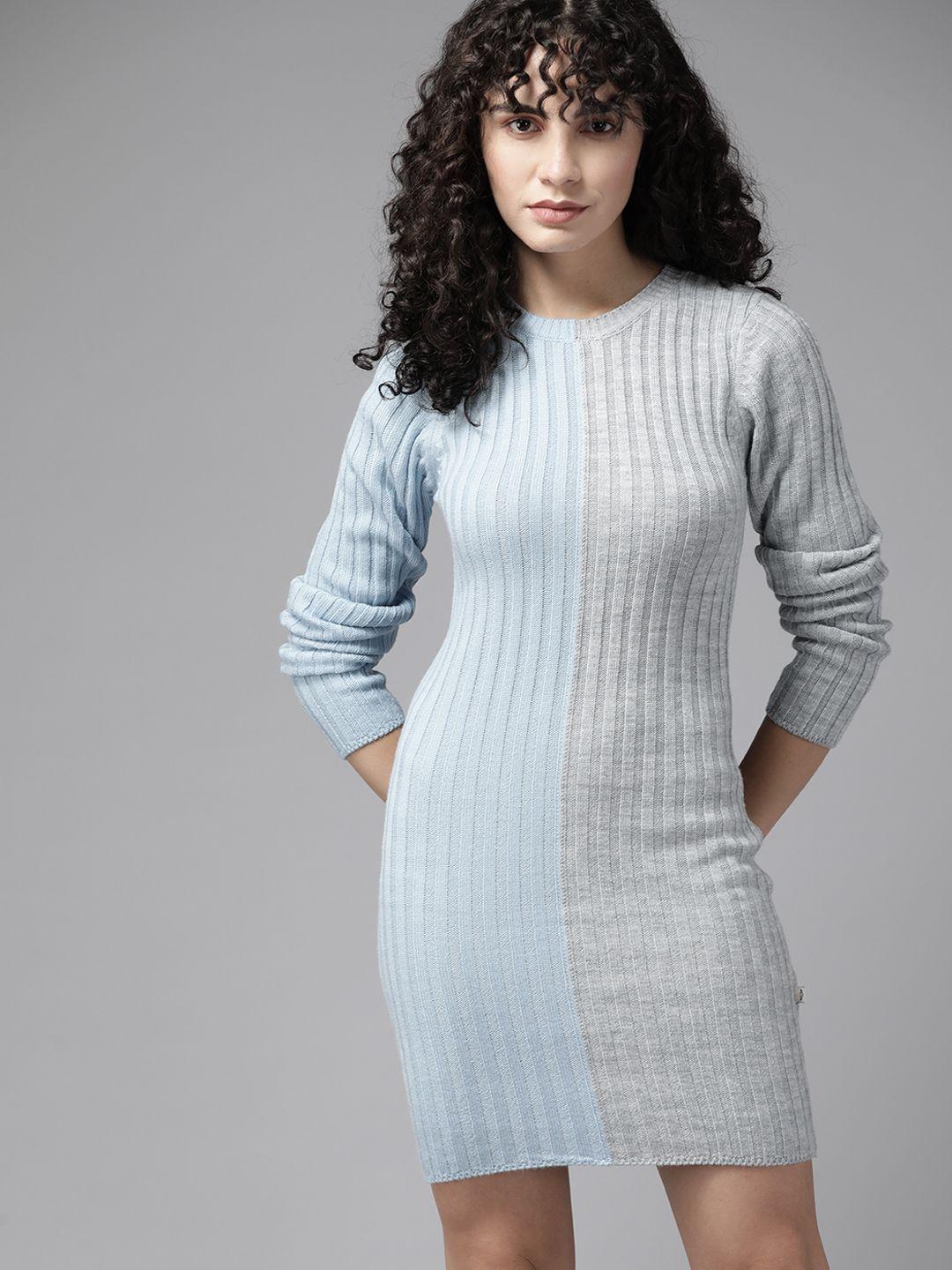 roadster blue & grey colourblocked bodycon winter dress