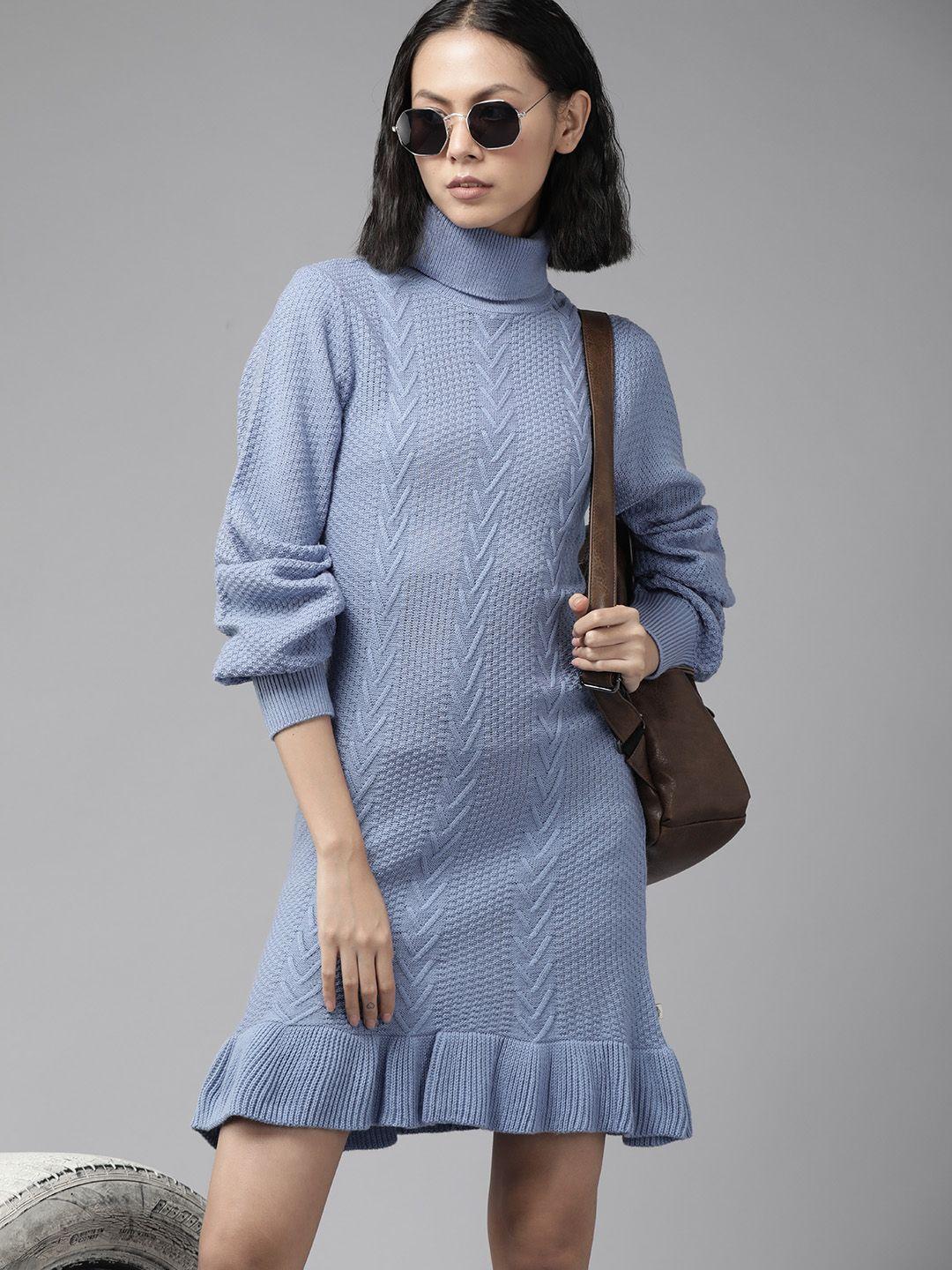 roadster blue acrylic self-design jumper dress