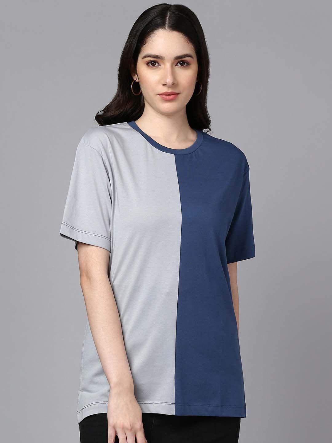 roadster blue colourblocked round neck drop-shoulder cotton regular t-shirt