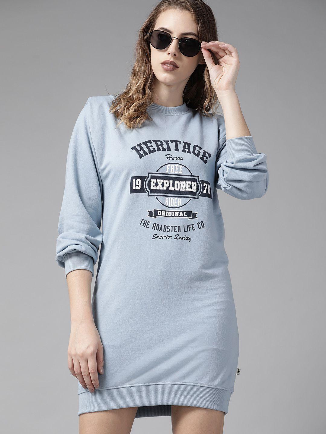 roadster blue printed shoulder pad sweatshirt dress