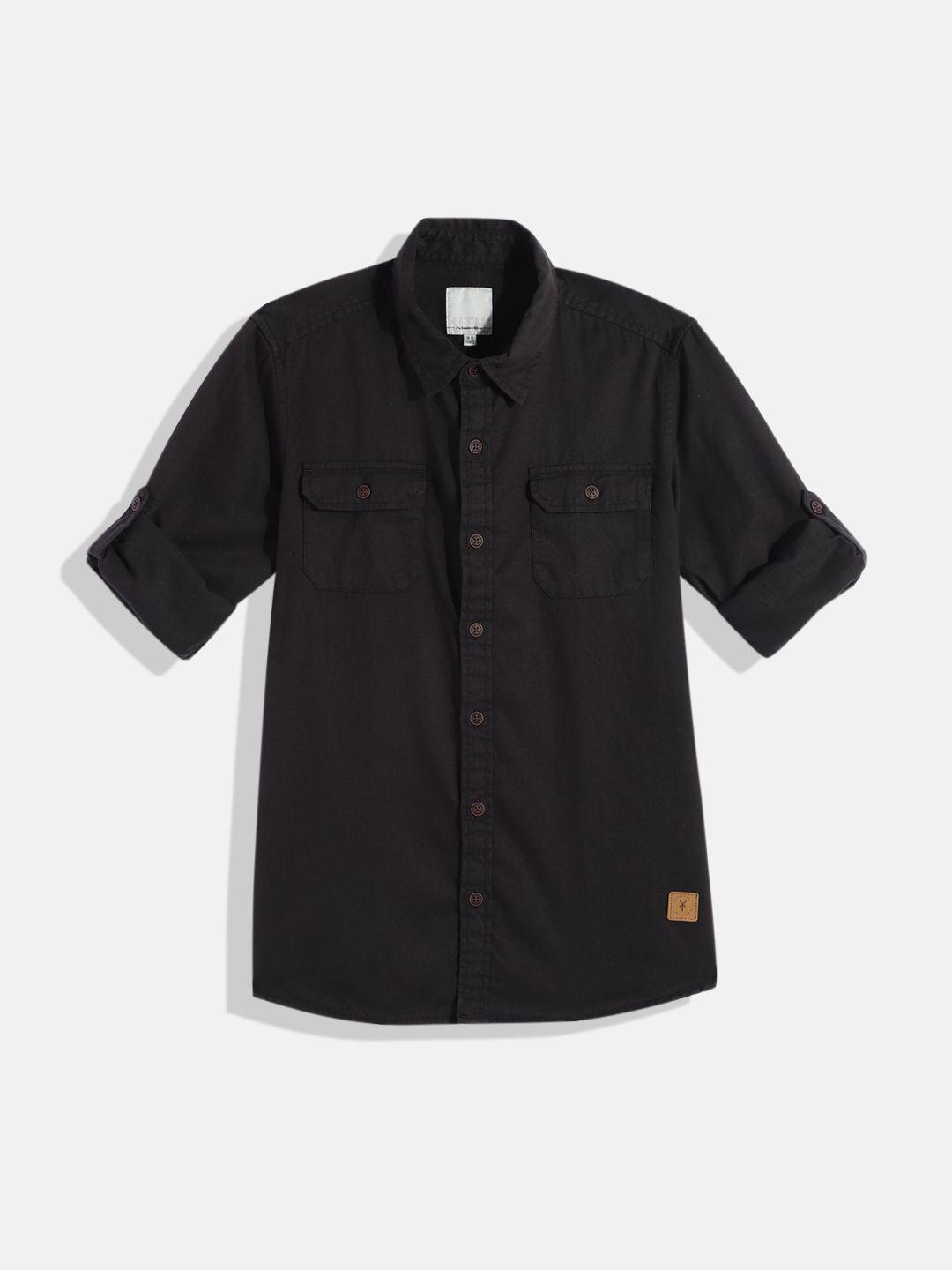 roadster boys black solid pure cotton casual shirt