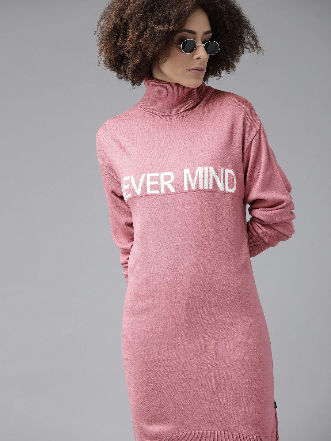roadster dusty pink & white typography patterned knitted jumper dress