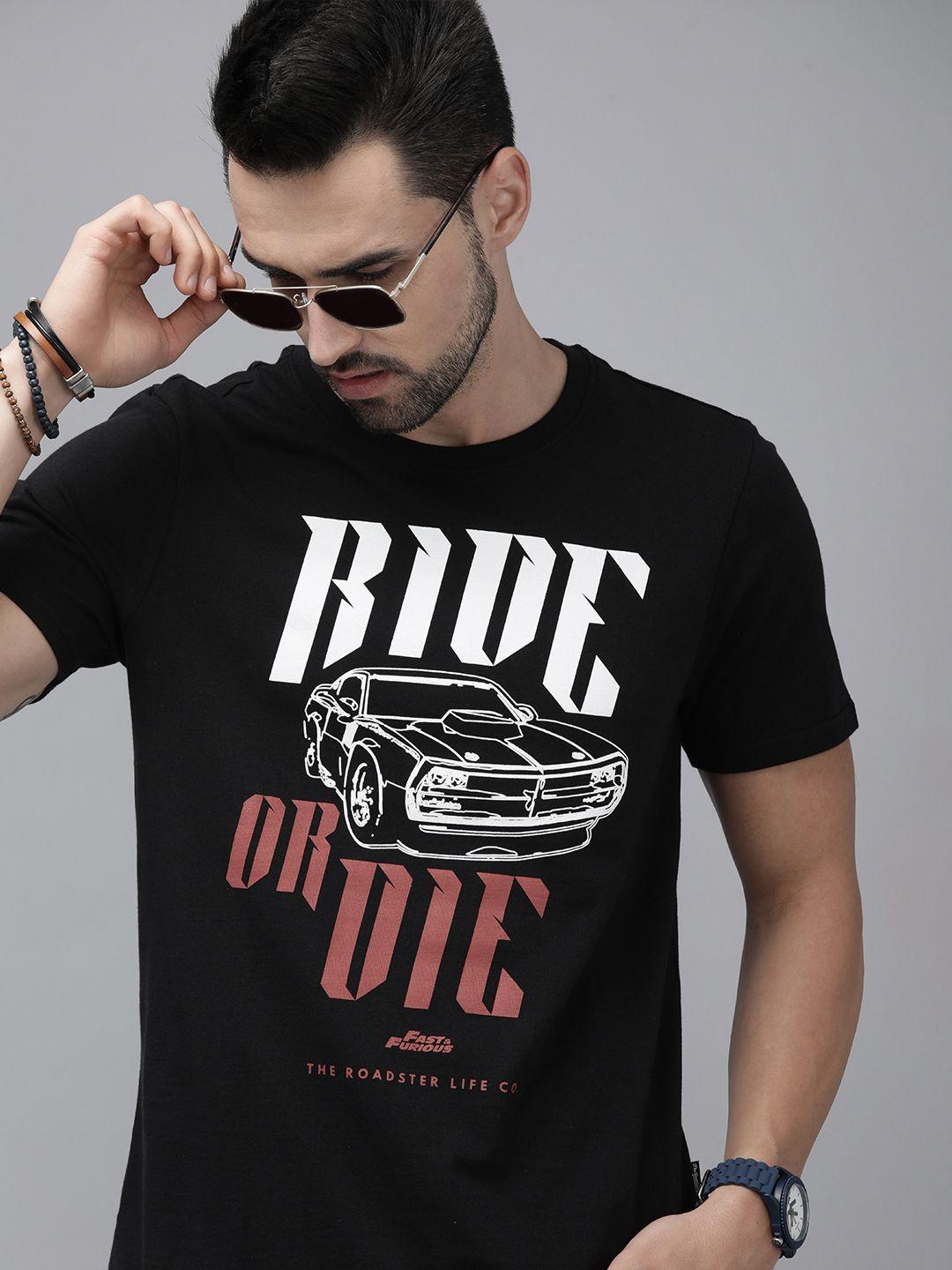 roadster fast and furious men black graphic printed pure cotton t-shirt