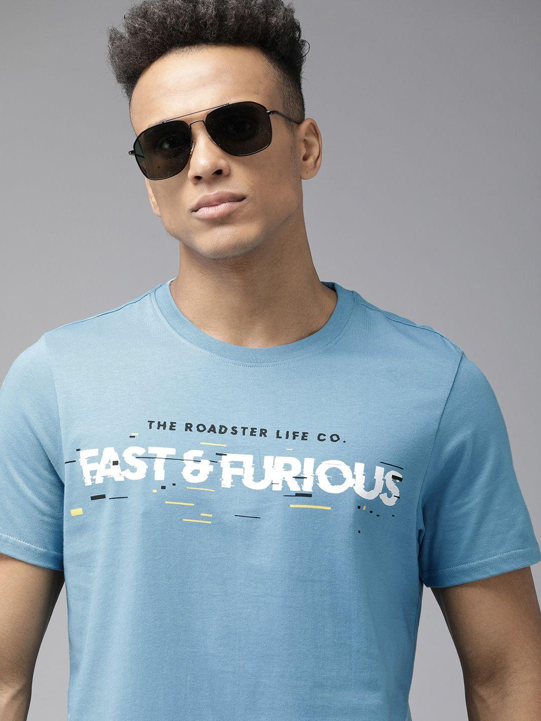 roadster fast and furious men blue & white brand logo pure cotton printed t-shirt