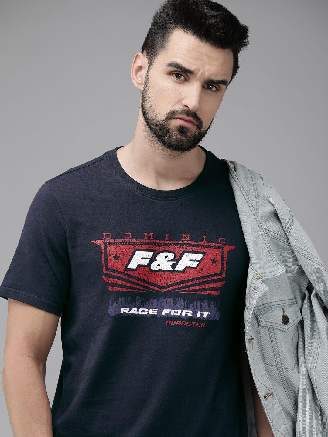 roadster fast and furious men blue graphic printed slim fit pure cotton casual t-shirt