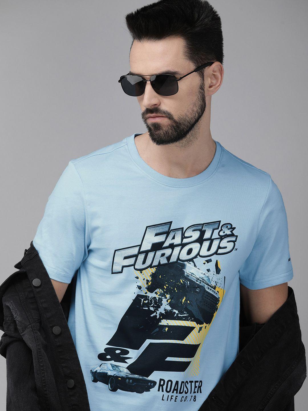 roadster fast and furious men blue printed t-shirt
