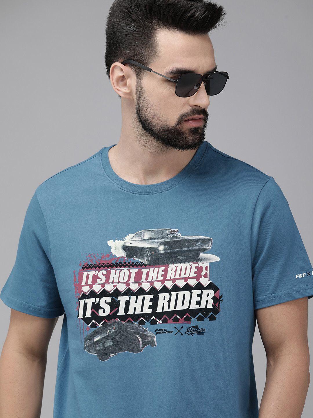 roadster fast and furious men blue typography printed pure cotton t-shirt