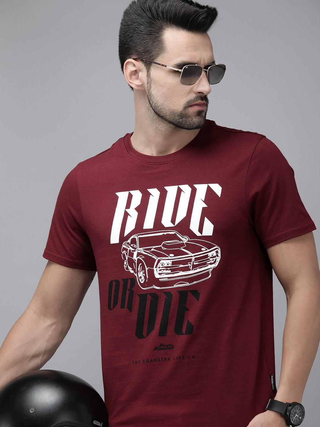 roadster fast and furious men maroon & white graphic printed pure cotton t-shirt