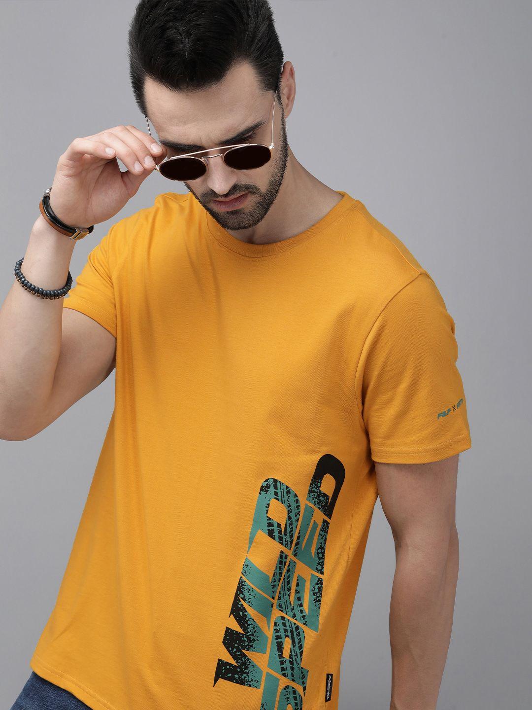 roadster fast and furious men mustard yellow typography printed pure cotton t-shirt