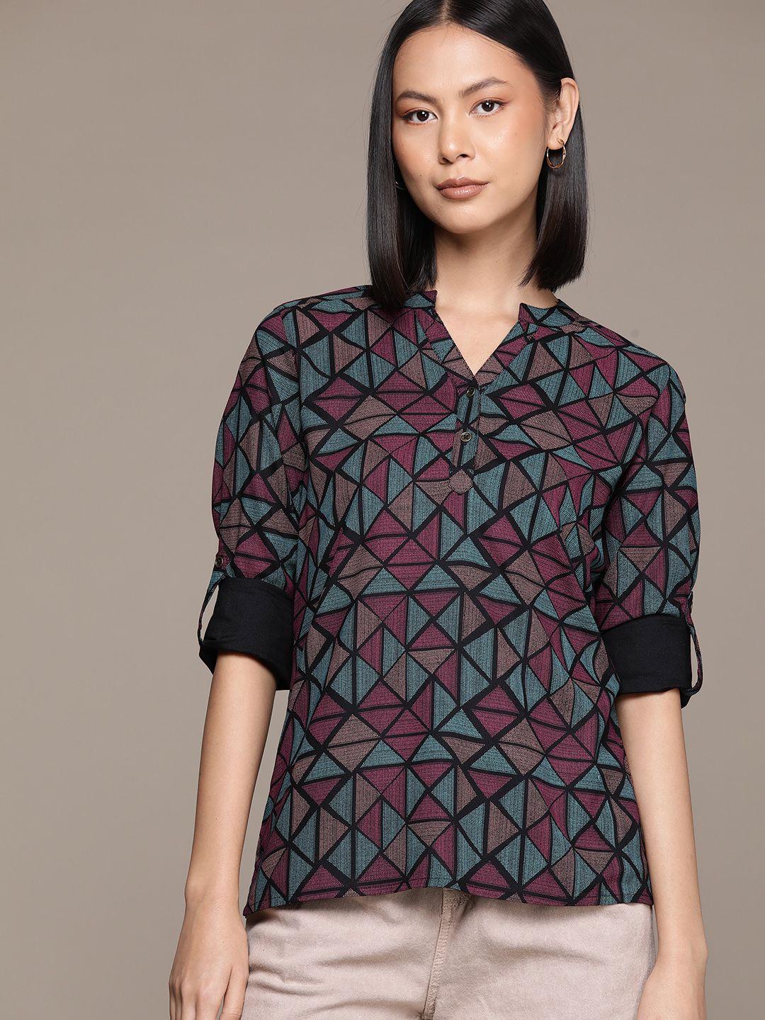 roadster geometric print mandarin collar roll-up sleeves shirt style top