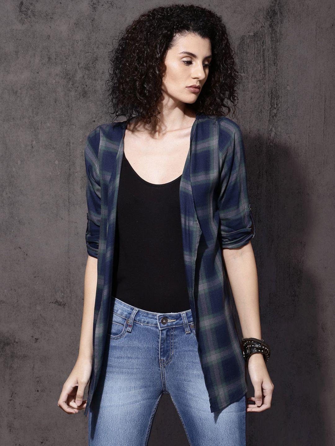 roadster green & navy checked front-open shrug