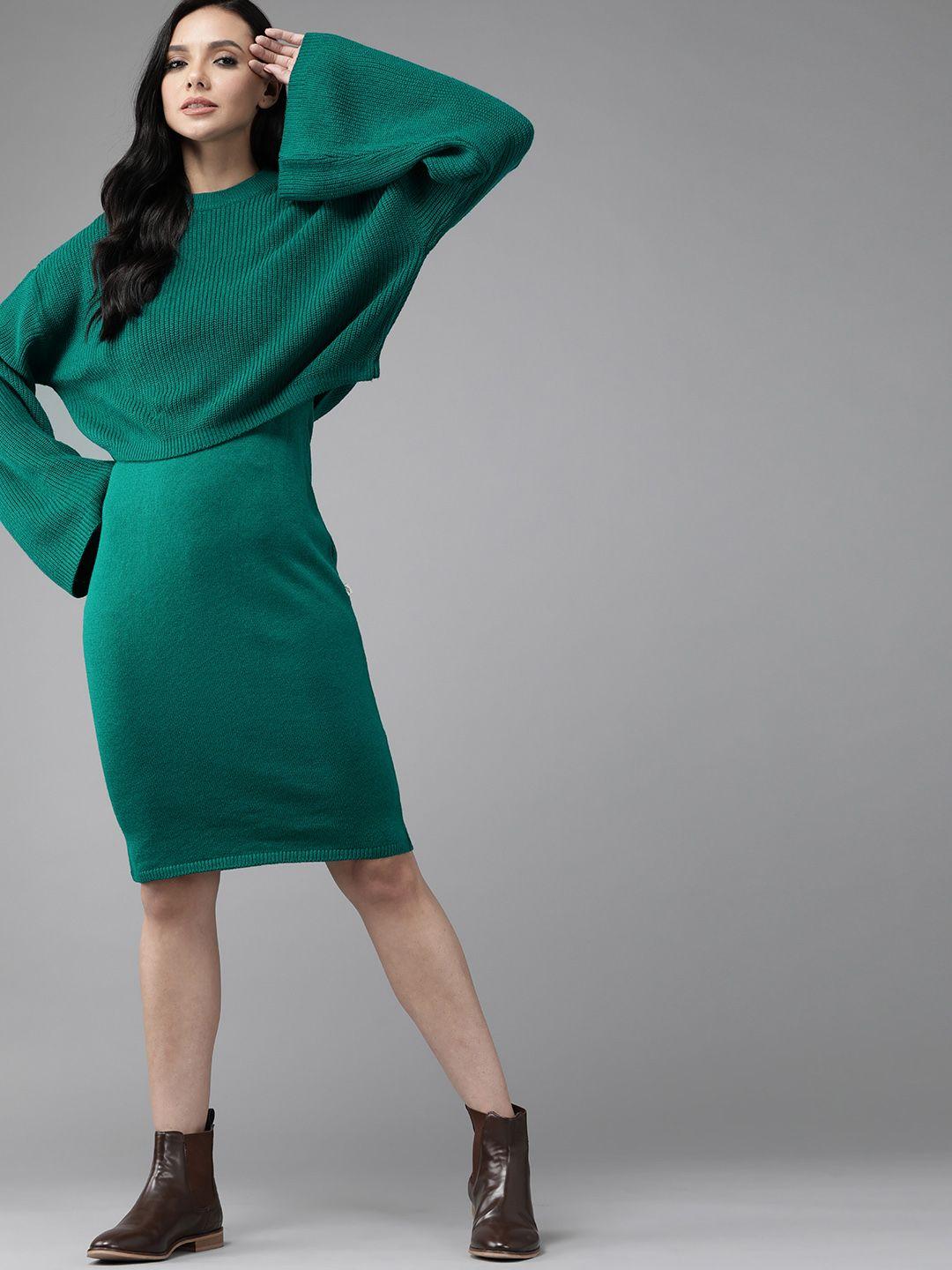 roadster green solid midi sweater dress with matching sweater