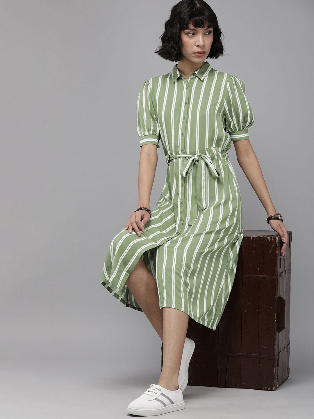 roadster green striped shirt-style midi dress with belt