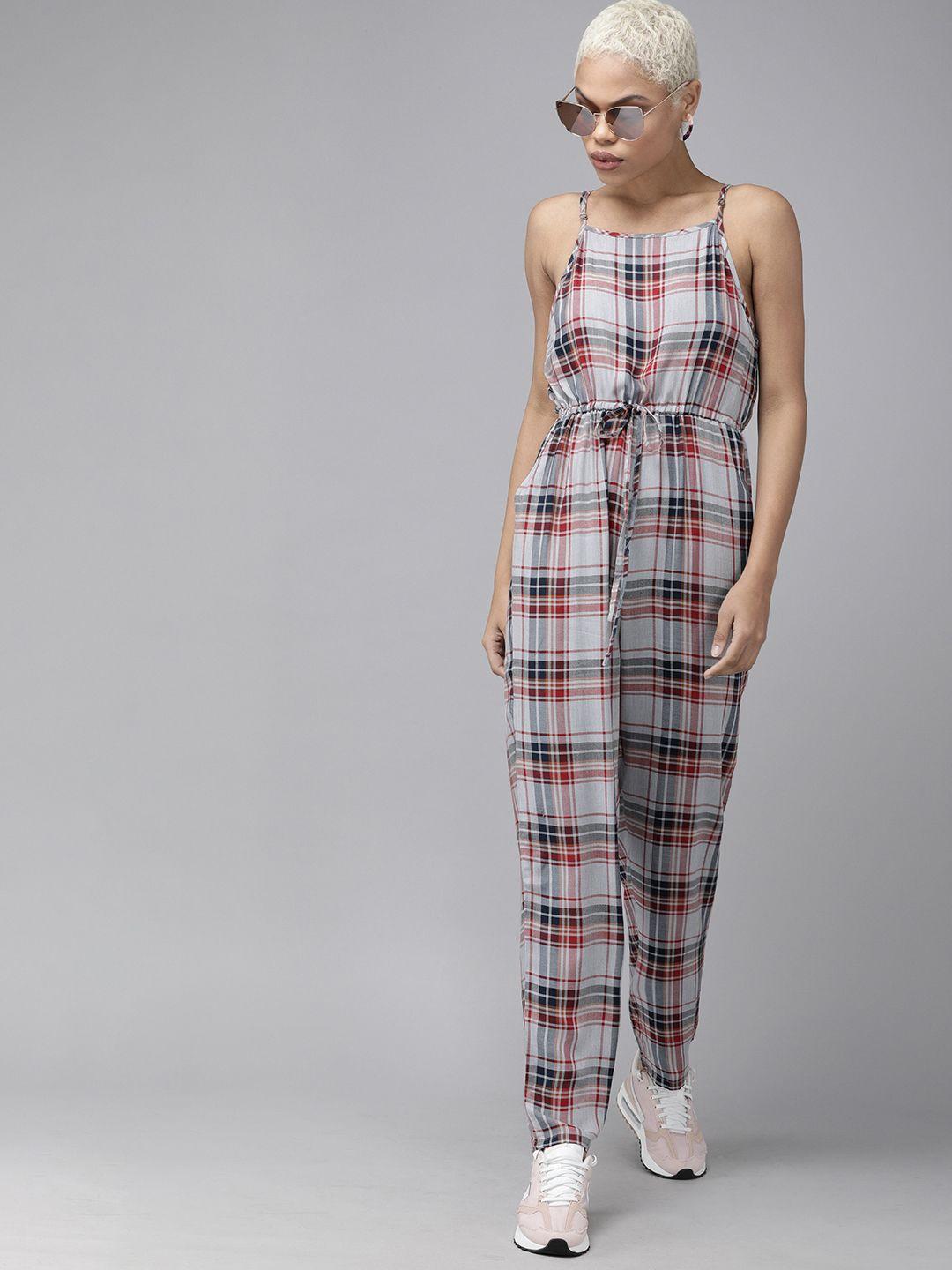 roadster grey & red shoulder strap checked basic jumpsuit with waist tie up