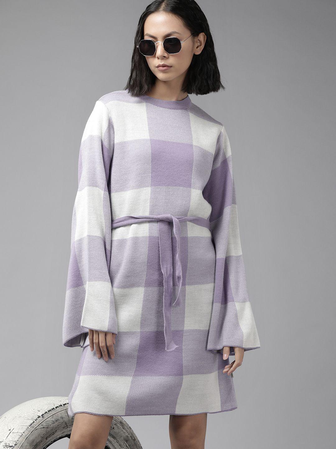 roadster lavender & white acrylic checked jumper dress with belt