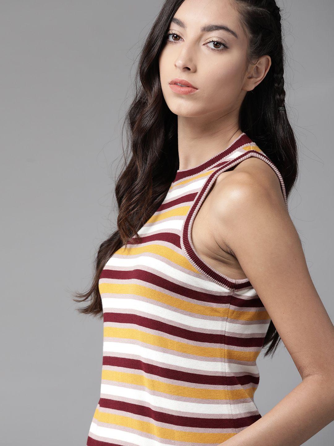 roadster maroon, off-white & mustard yellow striped flat knitted top