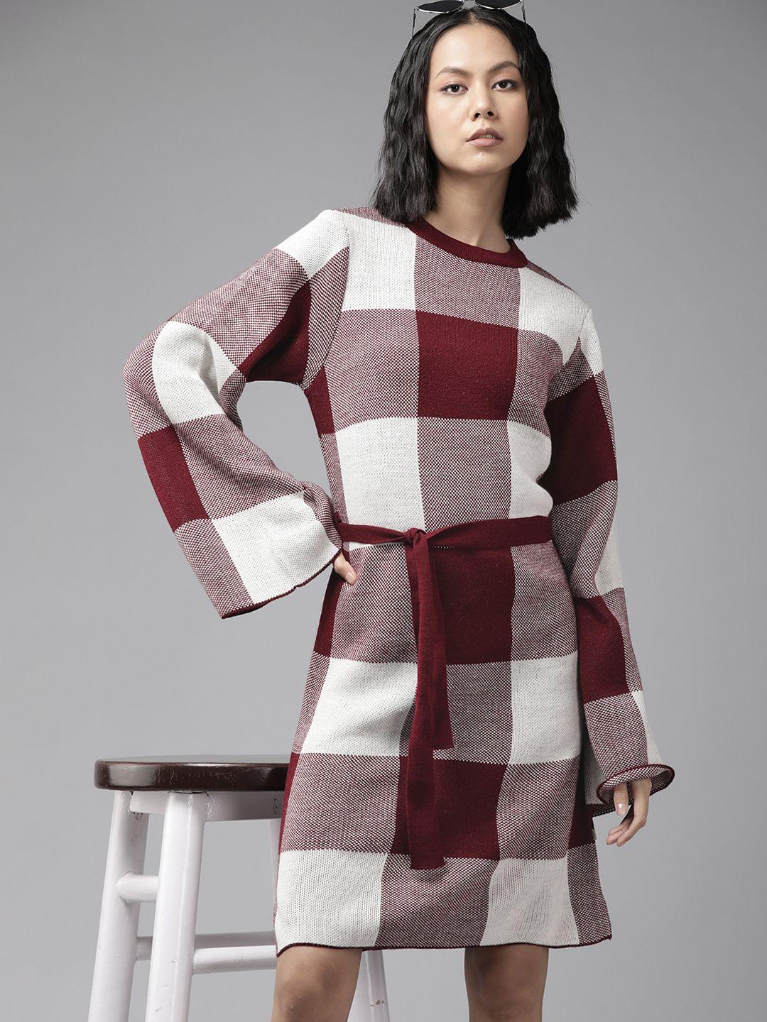 roadster maroon & white acrylic checked sweater dress with belt