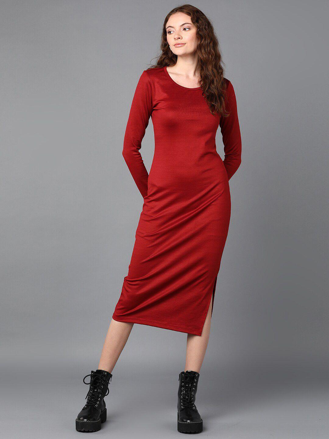 roadster maroon long sleeves bodycon dress