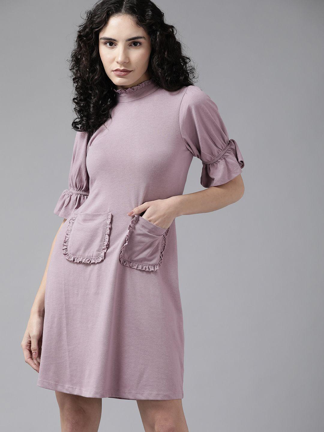 roadster mauve solid ruffle pocket detail a-line dress