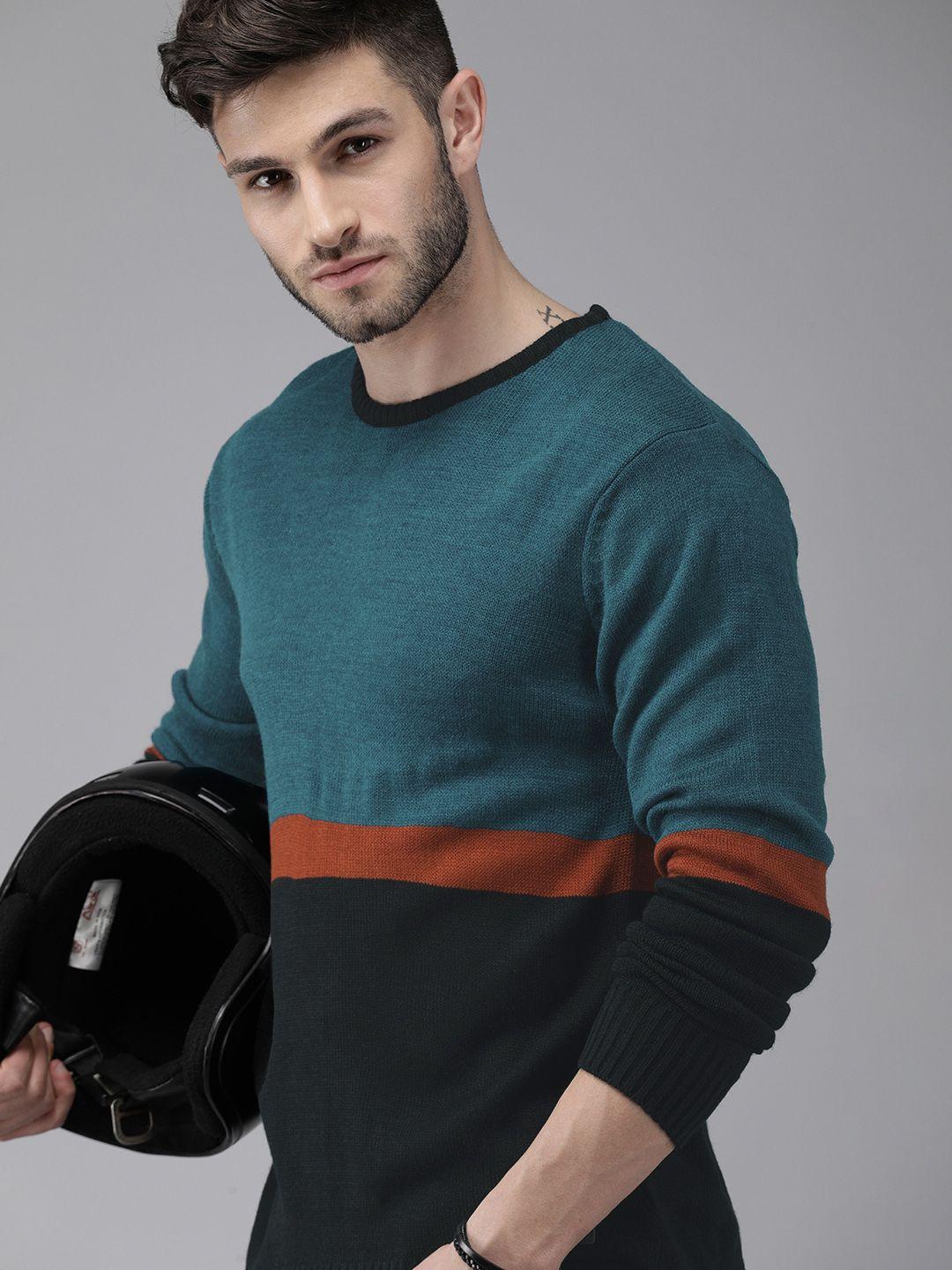 roadster men's blue coral colourblocked regular fit pullover sweatshirt