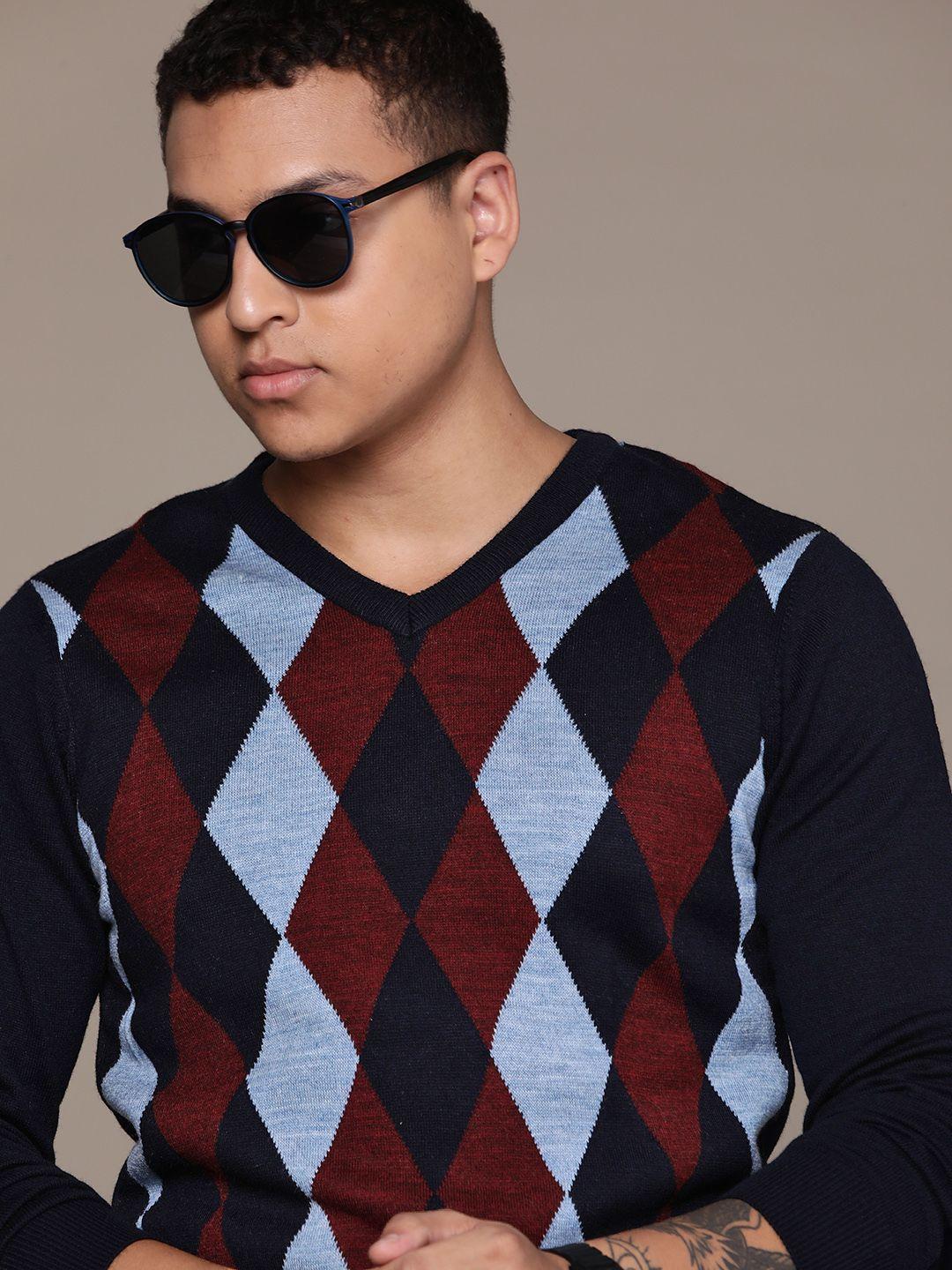 roadster men argyle printed pullover sweater