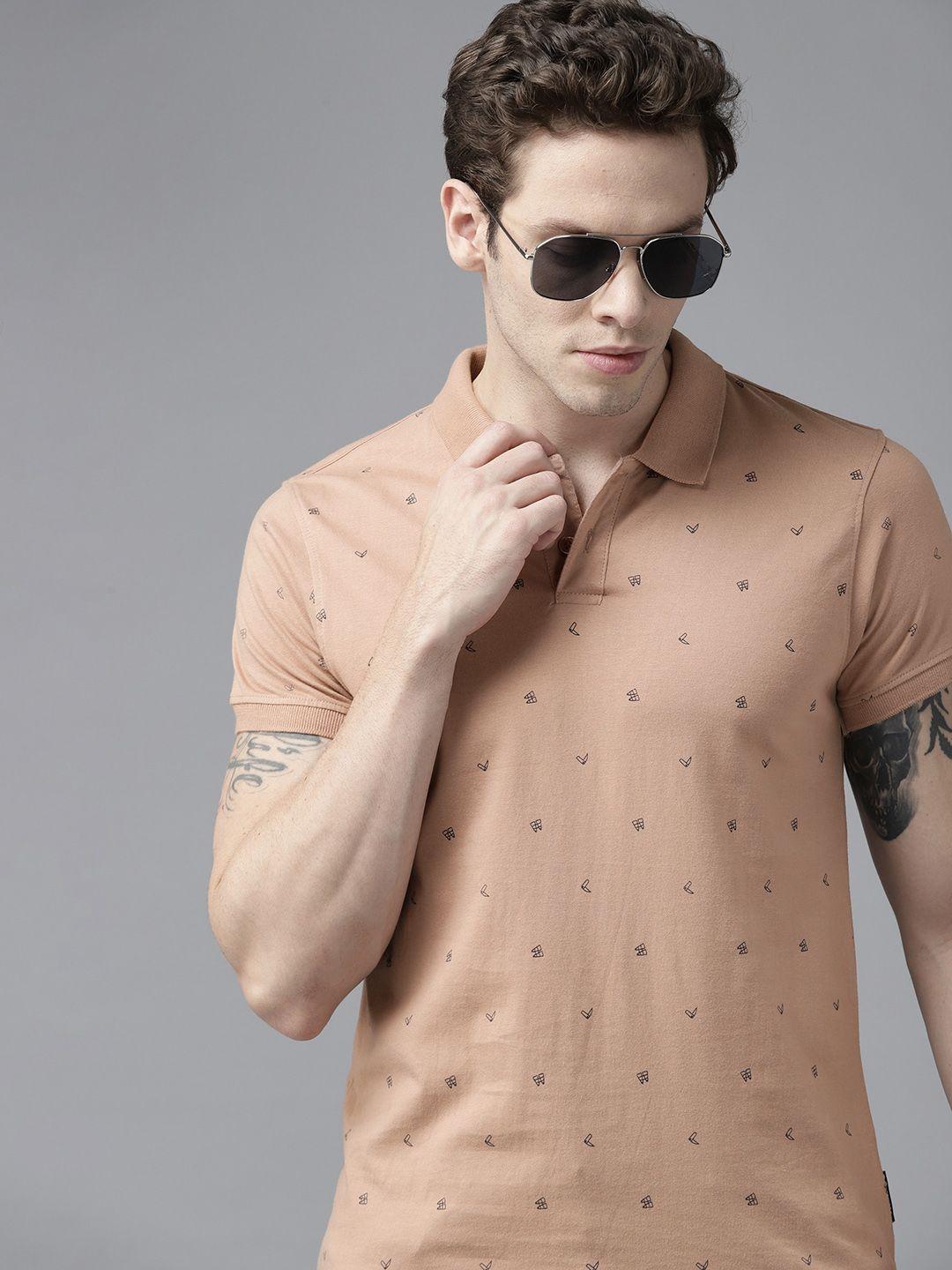 roadster men beige & black conversational printed polo collar pure cotton t-shirt