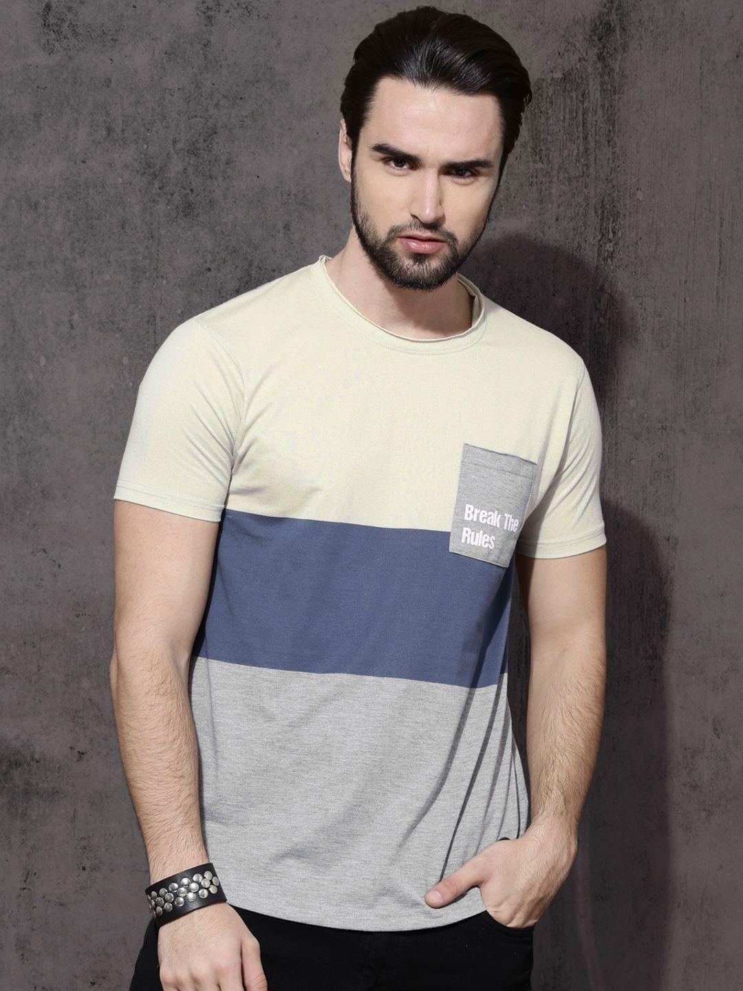 roadster men beige & blue colourblocked round neck t-shirt