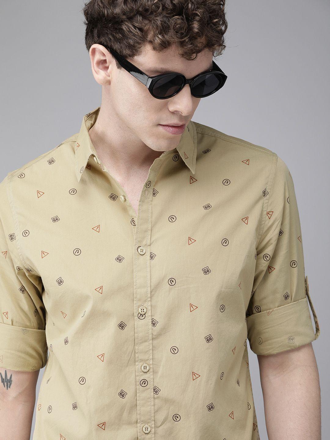 roadster men beige & brown regular fit printed sustainable casual shirt