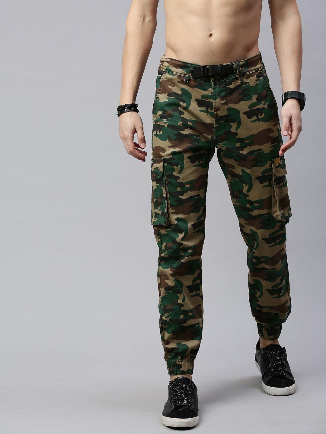 roadster men beige & green straight fit printed joggers