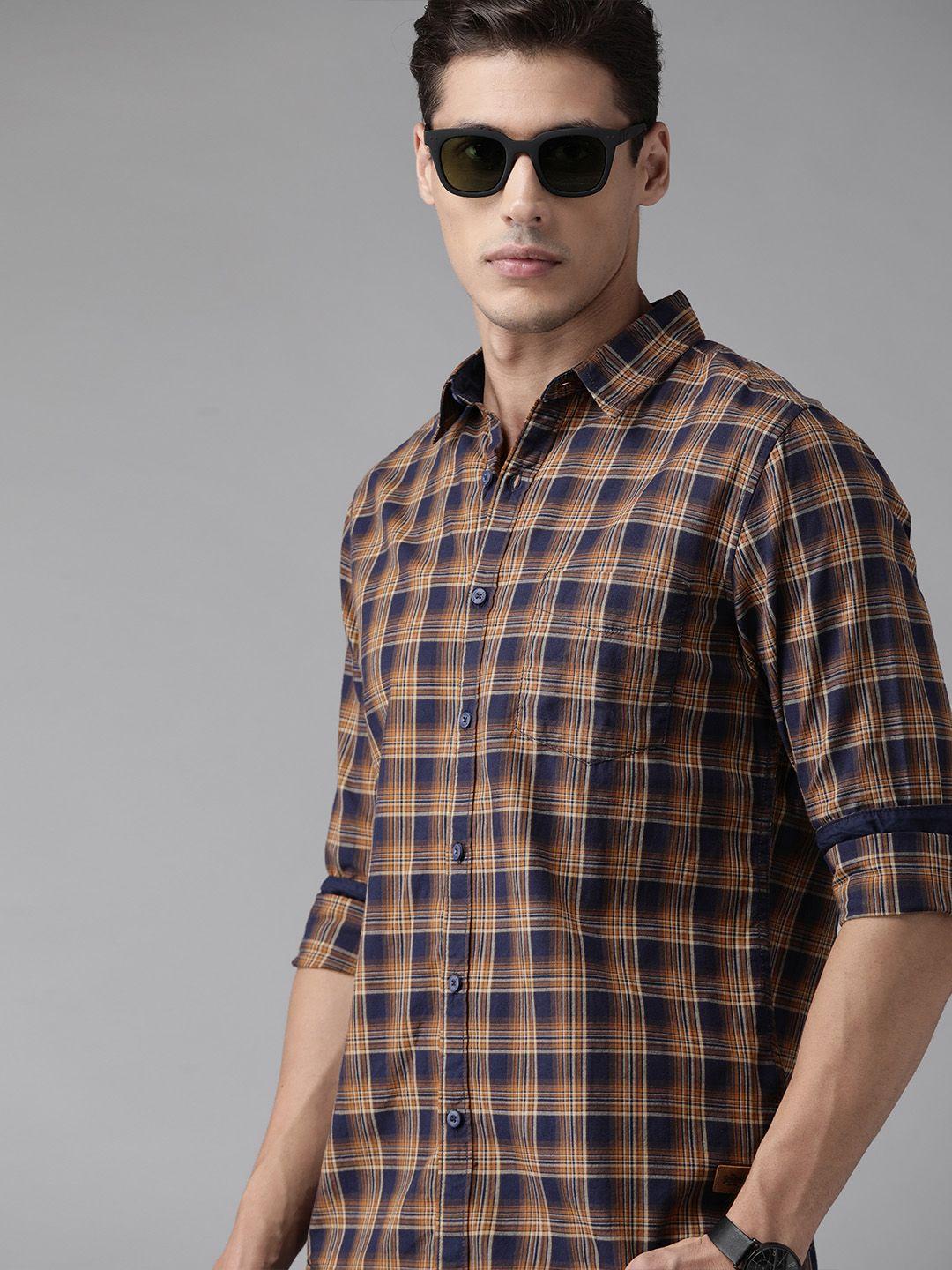 roadster men beige & navy blue tartan checks cotton sustainable casual shirt