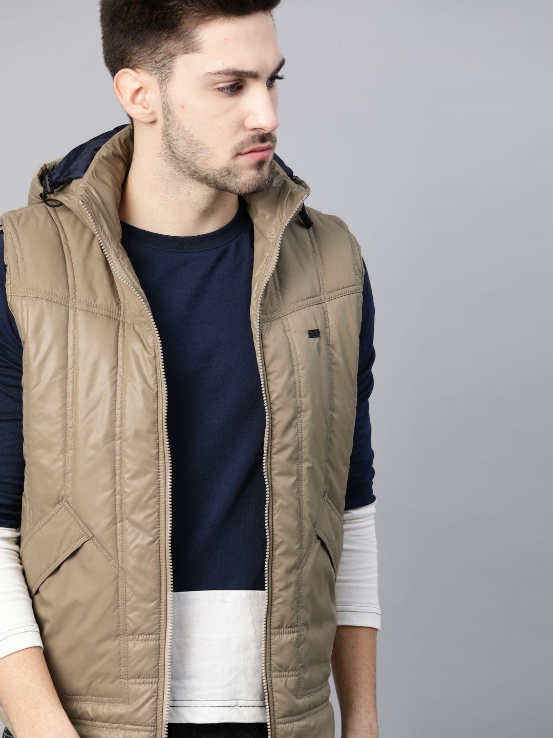 roadster men beige solid detachable hood padded jacket