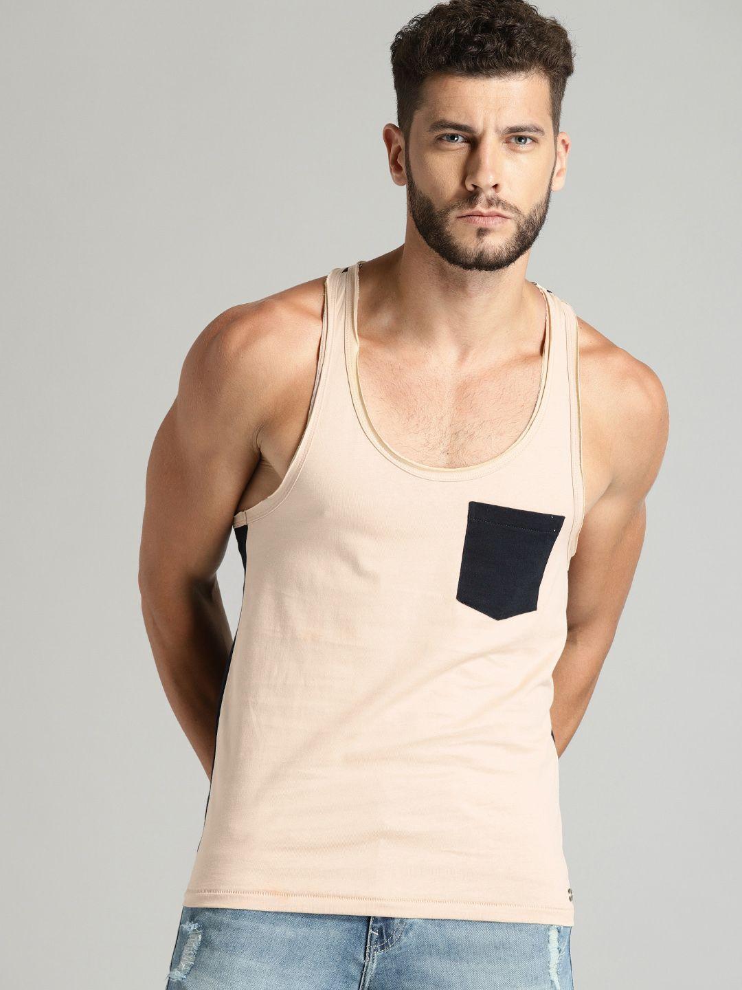 roadster men beige solid round neck t-shirt