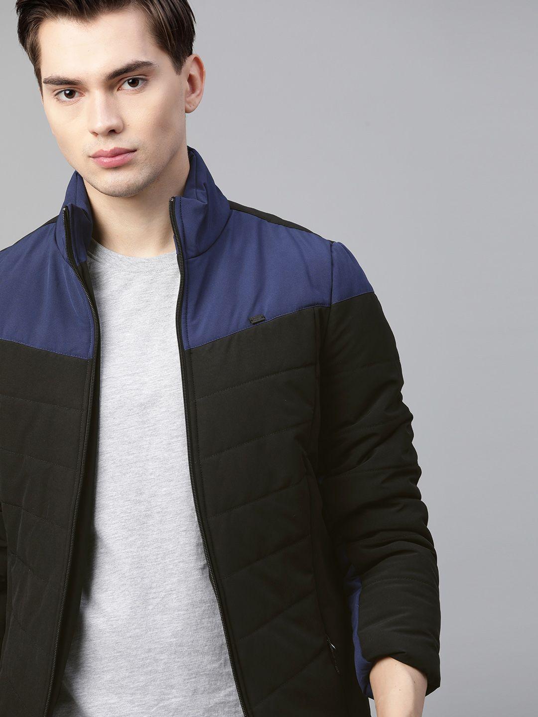 roadster men black & blue colourblocked padded jacket