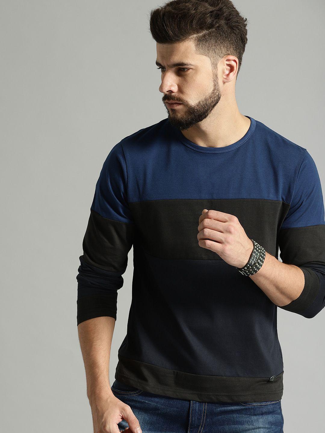 roadster men black & blue colourblocked round neck t-shirt