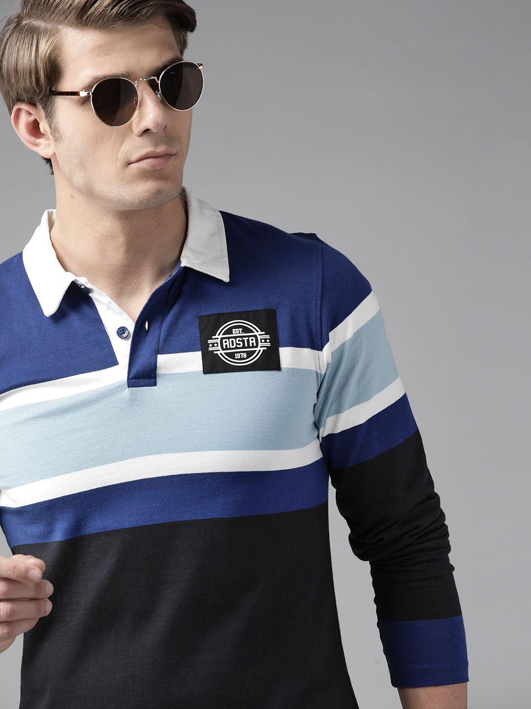 roadster men black & blue pure cotton striped polo collar applique t-shirt