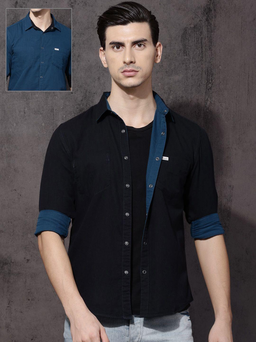 roadster men black & blue regular fit solid reversible sustainable casual shirt