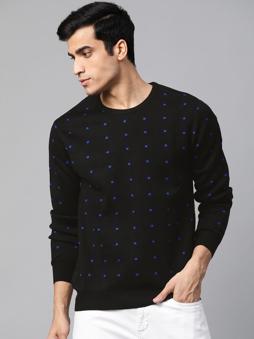 roadster men black & blue self design pullover sweater