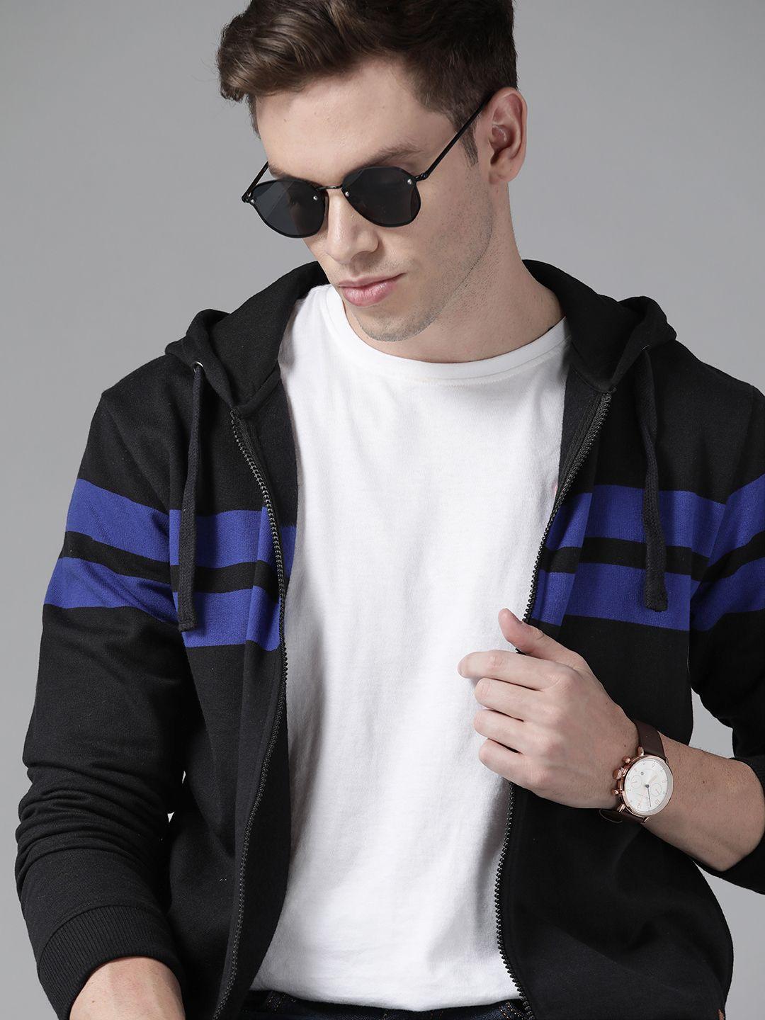 roadster men black & blue striped hooded sweatshirt