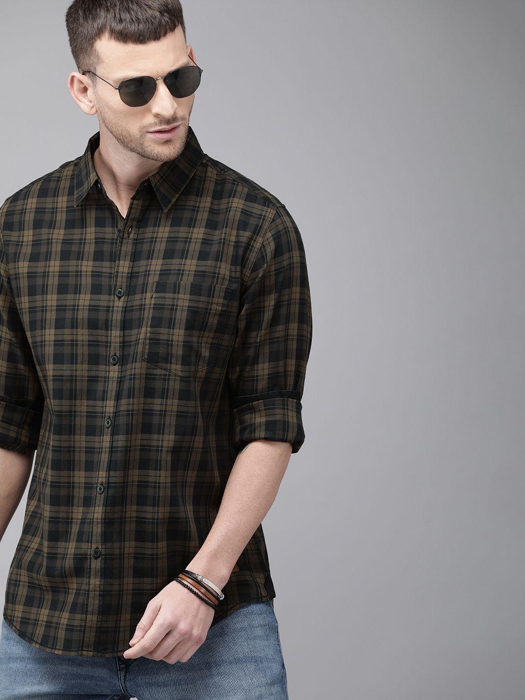 roadster men black & brown regular fit checked sustainable casual shirt