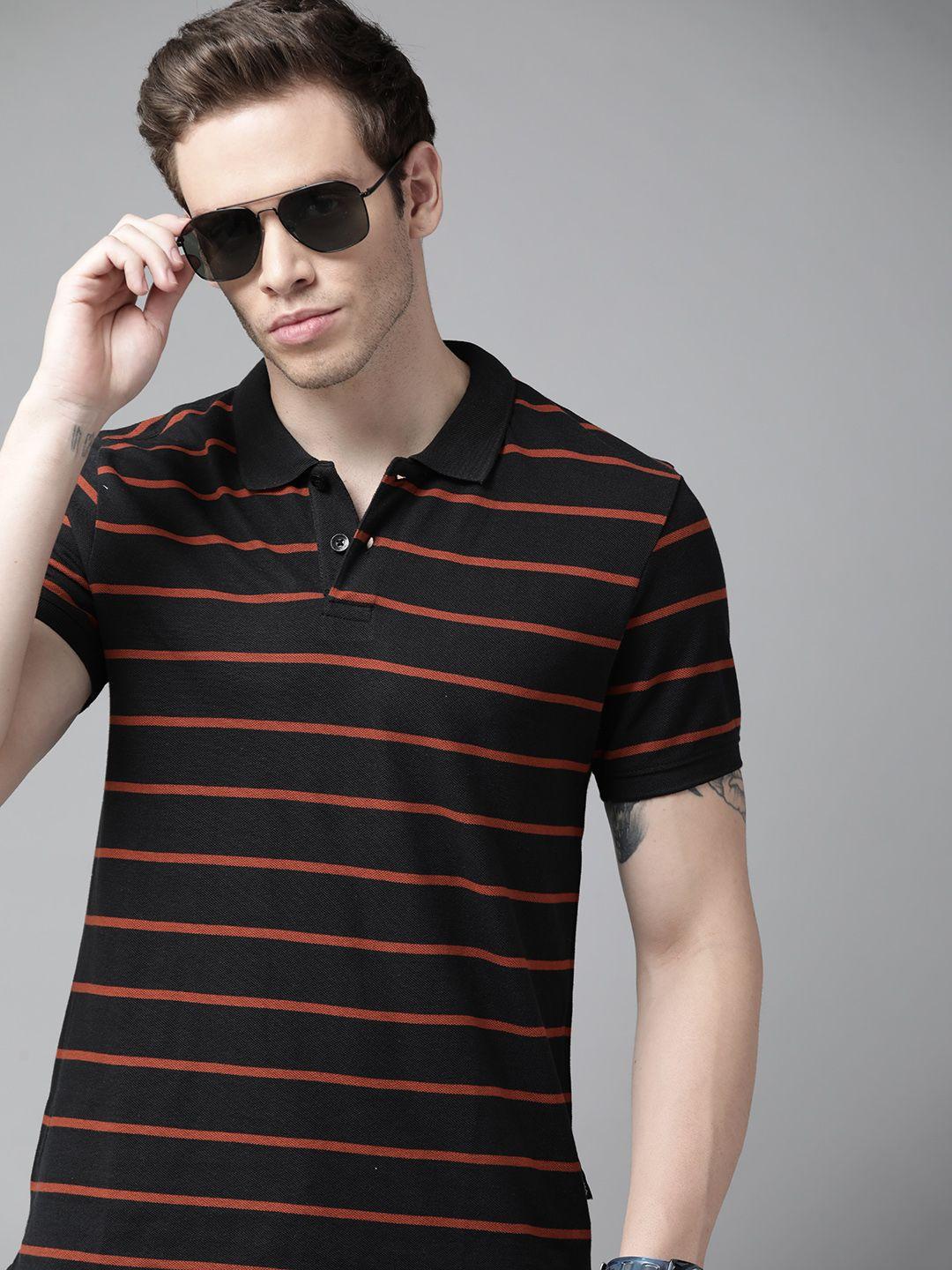 roadster men black & brown striped polo collar pure cotton t-shirt