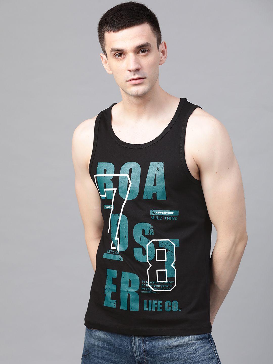 roadster men black & greeb printed sleeveless round neck t-shirt