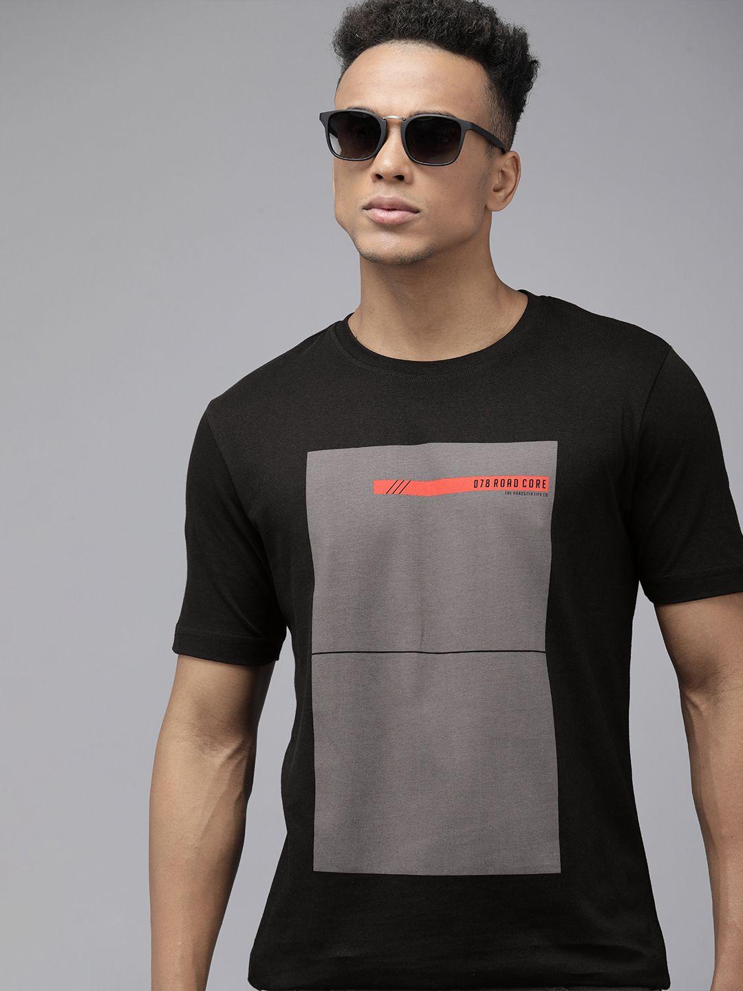 roadster men black & grey printed pure cotton t-shirt