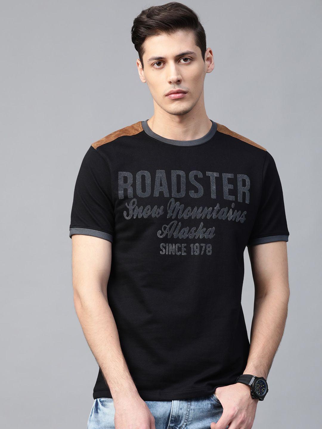 roadster men black & grey printed round neck t-shirt