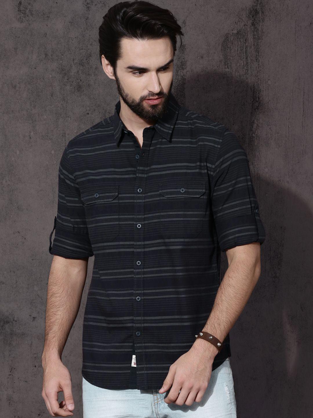 roadster men black & grey regular fit striped casual shirt