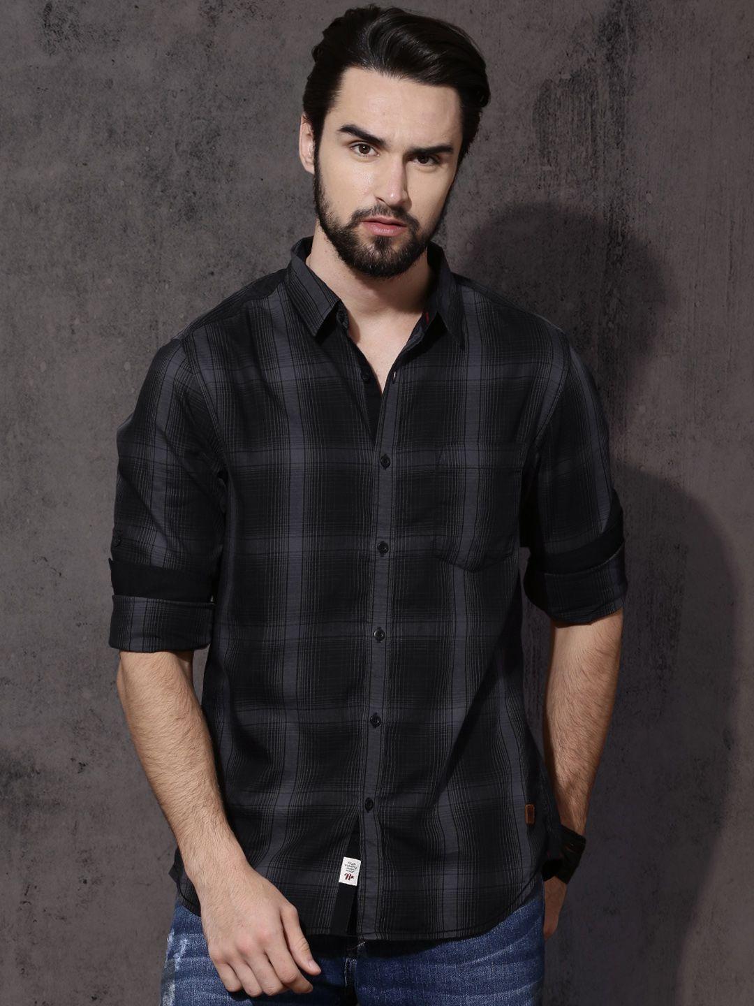 roadster men black & grey shadow check sustainable casual shirt