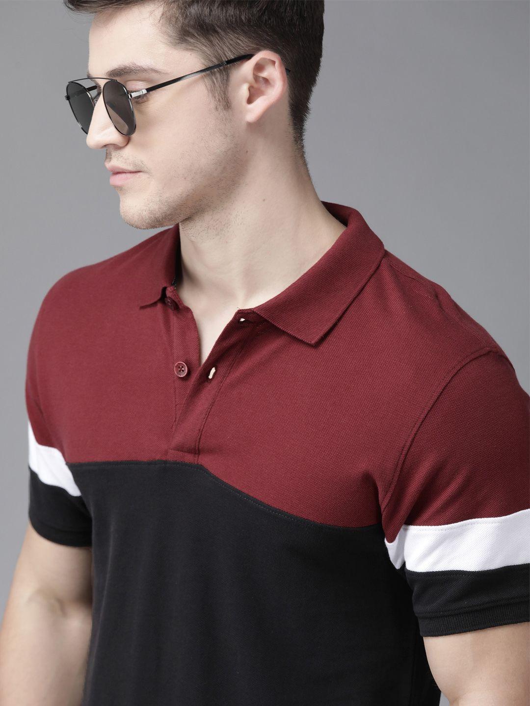 roadster men black & maroon pure cotton colourblocked polo collar t-shirt